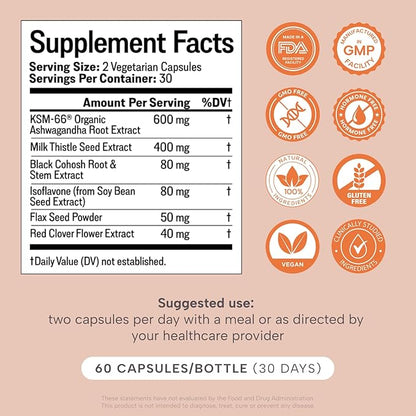 Meno- Menopause Hormonal Balance for Women, Estrogen Soy Isoflavones Menopause Supplement for Women, Ashwagandha, Black Cohosh Hot Flashes Menopause Relief, Night Sweats Relief 120Caps