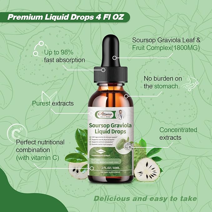 Soursop Graviola Leaf Extract Liquid Drop for Cell Regeneration & Immune Support-Vegan Soursop Bitters Liquid,99% High Absorption Form Soursop Leaf & Fruit Complex-2Fl oz