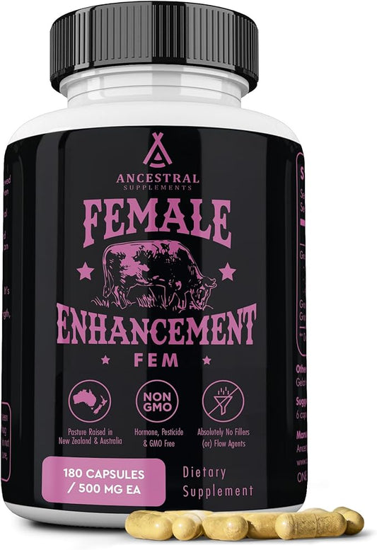 Ancestral Supplements Grass Fed FEM Liver Supplement for Women with Collagen, CoQ10, Vitamin B12, Joint Support Bone Marrow Capsules for Energy, Immunity, Pasture Raised, NonGMO, 500mg Each, 180 Count