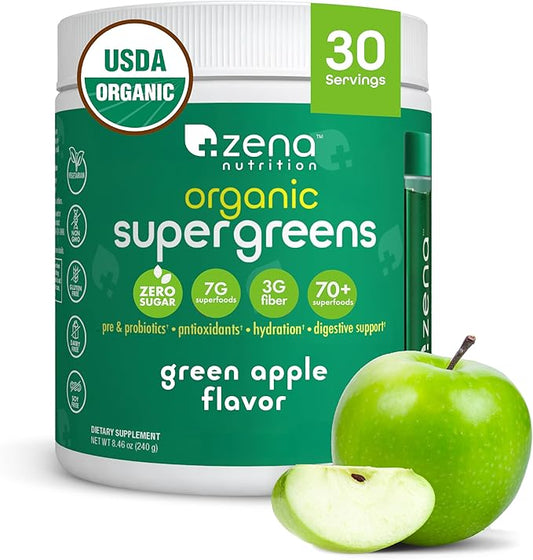 Zena Organic Super Greens Powder, 70+ Superfoods Drink Mix, 0 Sugar, 3G Fiber, Fruits, Veggies, Spirulina, Chlorella, Antioxidants, Pre & Probiotics, Digestive Enzymes, Green Apple Flavor, 30 Servings