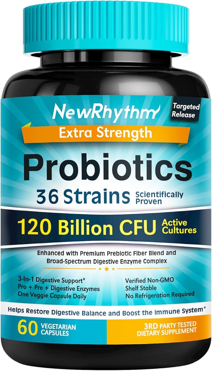 NewRhythm Probiotics 120 Billion CFU 36 3-in-1 Probiotics 60 Veggie
