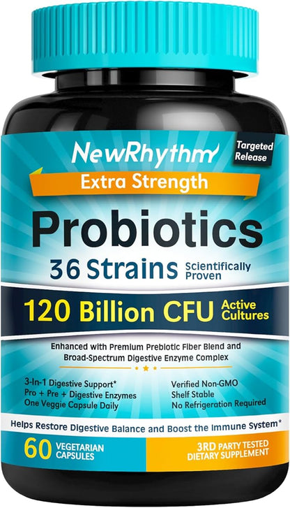 NewRhythm Probiotics 120 Billion CFU 36 3-in-1 Probiotics 60 Veggie