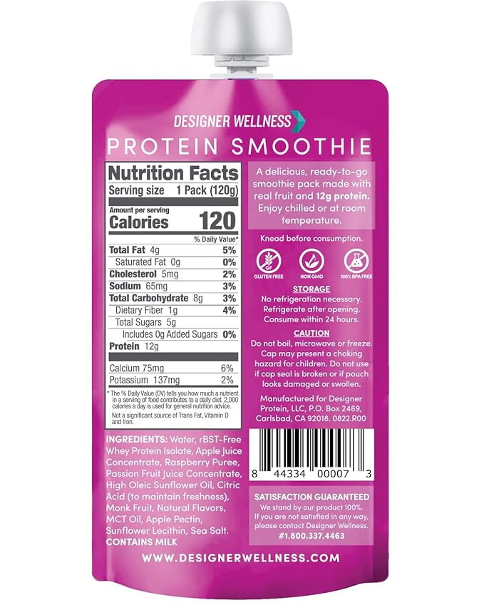 Designer Wellness Protein Smoothie, Real Fruit, 12g Protein, Low Carb, Zero Added Sugar, Gluten-Free, Non-GMO, No Artificial Colors or Flavors, Raspberry Passion Fruit, 12 Count