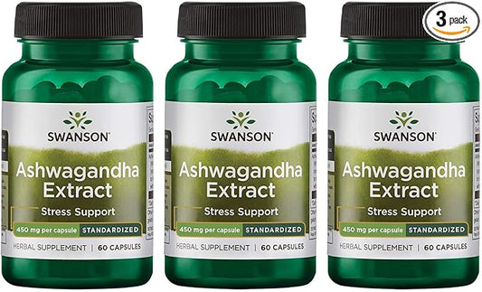 Swanson Ashwagandha Extract-Natural Supplement Promoting A Wellness-(60 Capsules, 450mg Each) (3 Pack)
