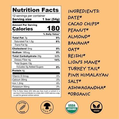 Wise Bar Adaptogen Mushroom Nutrition Bars with Reishi, Lions Mane & Ashwagandha, Organic Vegan & Gluten Free Snacks for Natural Focus, Energy & Immunity Support, Peanut Butter Banana, 12 Count