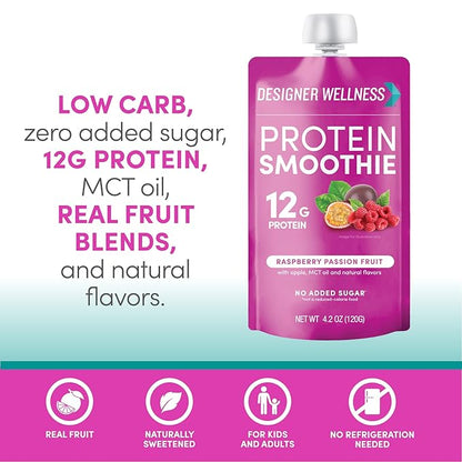 Designer Wellness Protein Smoothie, Real Fruit, 12g Protein, Low Carb, Zero Added Sugar, Gluten-Free, Non-GMO, No Artificial Colors or Flavors, Raspberry Passion Fruit, 12 Count