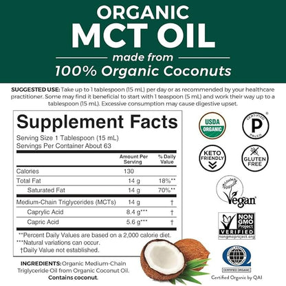 Viva Naturals Organic MCT Oil 32 fl oz - Best MCT Oil Organic for Coffee, MCT Coconut Oil Supports Energy & Mental Clarity, USDA Organic, Non-GMO, Paleo & Keto Certified, MCT Wellness