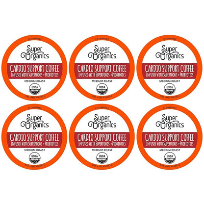 Super Organics Cardio Support Coffee Brew Cups With Superfoods & Probiotics Keurig K-Cup Compatible Cardiovascular Health Medium Roast, USDA Certified Organic, Vegan Coffee, 60ct