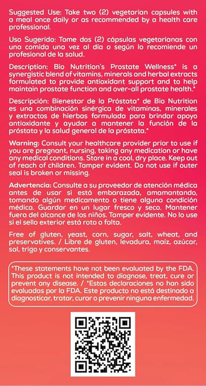 Bio Nutrition Prostate Wellness Support Supplement 60 Vegetarian Capsules | Natural Formula for Men’s Health | Promotes Healthy Prostate Function | Supports Urinary Health & Hormonal Balance