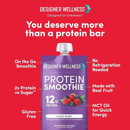 Designer Wellness Protein Smoothie, Real Fruit, 12g Protein, Low Carb, Zero Added Sugar, Gluten-Free, Non-GMO, No Artificial Colors or Flavors, Variety Pack, 12 Count
