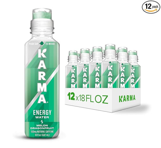 Karma Natural Energy Drink - 12 Pack, Melon Dragonfruit Caffeinated Water - Clean Focus & Energy Boost
