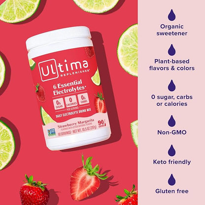 Ultima Replenisher Daily Electrolyte Powder Drink Mix – Strawberry Margarita, 90 Servings – Hydration Powder with 6 Key Electrolytes and Trace Minerals – Keto Friendly, Non-GMO and Sugar-Free