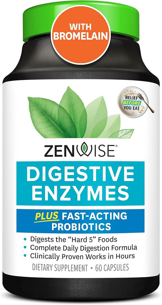 Zenwise Health Digestive Enzymes and Bromelain for Gut Health - Probiotic Multi Enzymes with Prebiotics and Probiotics for Women and Men for Digestive Health and Bloating Relief for Digestion - 60 CT