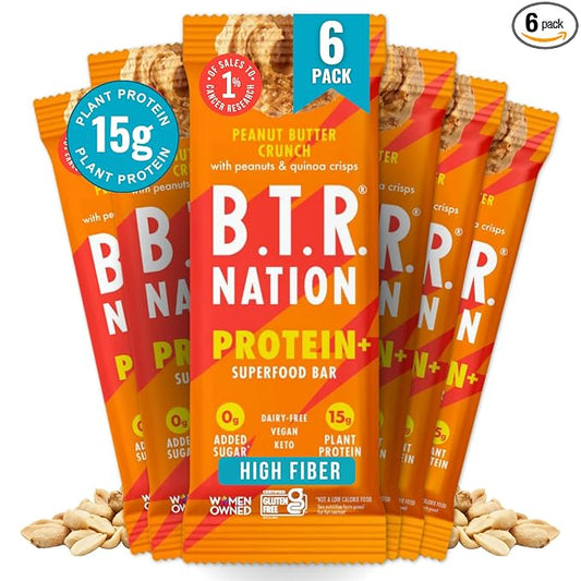 Vegan Keto Plant Based Protein & Fiber Bars by B.T.R. - Low Carb & GF | 6 Bars | Free of Sugar Alcohols, Dairy, Soy and Boosted with Powerful Superfoods! (Peanut Butter Crunch Protein+)
