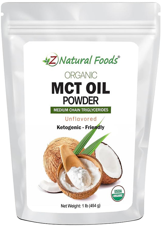 Z Natural Foods Organic MCT Oil Powder - 1 lb | From Coconut Oil with Prebiotic Fiber | C8 and C10 | Natural Plant Based Vegan Creamer For Tea, Coffee, Shakes & Smoothies | Keto & Paleo Friendly Superfood Powder | Non GMO & Gluten Free
