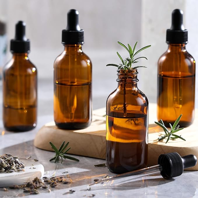 4 Pack, 1 oz Amber Glass Dropper Bottles Plus 2pcs Graduated Calibrated Glass Pipettes (1ml)- 30ml Dark Brown Tincture Bottles with Eye Droppers for Essential Oils, Liquids - Leakproof Travel Bottles