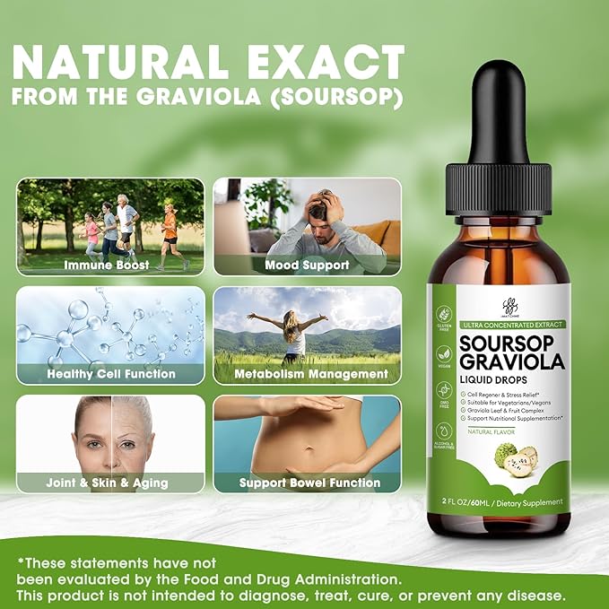 Soursop Graviola Liquid Drop for Cell Support & Regeneration, Immune System and Gut Health Support, Soursop Bitters Liquid, Herbal Goodness, Sugar/Gluten Free, Natural Flavor, 2 Fl Oz