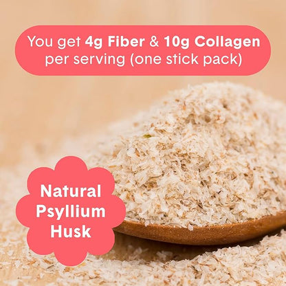 Bellway Super Fiber Packets + Collagen, Sugar-Free Psyllium Husk Powder with Collagen Peptides & Hyaluronic Acid for Gut Health, Healthy Skin, Nails, Bones & Joints, Strawberry Lemonade (10 Packets)