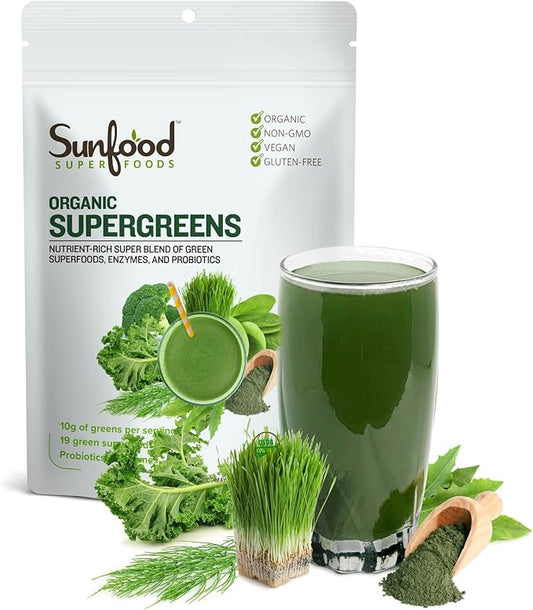 Sunfood Supergreens - Greens Superfood Powder, Super Greens Powder, Organic Greens Blend, Daily Green Juice Powder, Vegetable Smoothie Drink Mix for Gut Health with Chlorella & Spirulina - 8 oz Bag