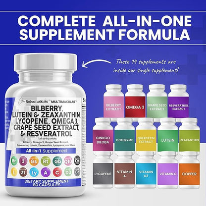 Eye Health Vitamins with Bilberry 6000mg 40mg Lycopene 40mg Resveratrol 3000mg Grape 6000mg Omega 3 4000mg 4000mg Astaxanthin 60 Capsules