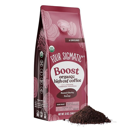 Four Sigmatic Boost Organic High Caffeine Coffee | Dark Roast Extra Strong Ground Coffee with L-Theanine & Cordyceps Mushroom Extract | Energy Booster Without the Jitters | 12oz Bag