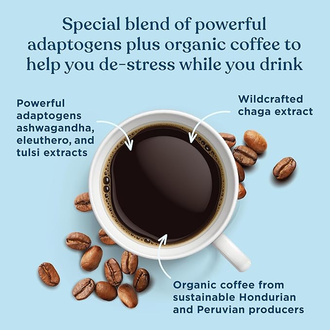 Four Sigmatic Organic Balance Adaptogen Ground Coffee | Medium Roast USDA Organic Coffee with Ashwagandha, Chaga Mushroom, Eleuthero and Tulsi for Focus and Energy Boosting | 12oz Bag