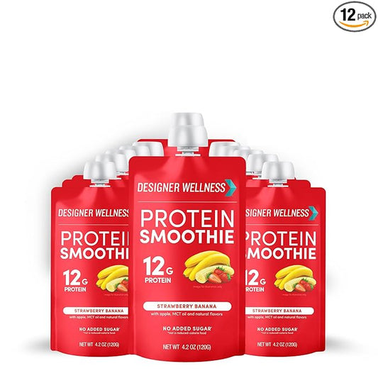 Designer Wellness Protein Smoothie, Real Fruit, 12g Protein, Low Carb, Zero Added Sugar, Gluten-Free, Non-GMO, No Artificial Colors or Flavors, Strawberry Banana, 24 Count