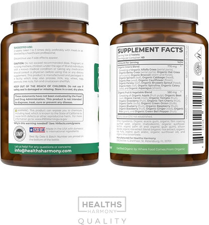 USDA Organic Greens Powder (120 Tablets) Convenient Pills - Complete Superfood Supplement with 28 Fruits & Vegetables - Super Antioxidants, Energy, Gut Health, and Immune Support (No Capsules)