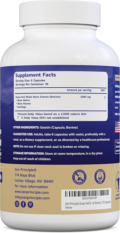 Zen Principle Grass Fed Beef Bone Marrow Supplement, 3300mg. Skin, Oral Health, and Joint Support. Promotes Whole-Body Wellness. Whole Bone Extract, 210 Capsules.