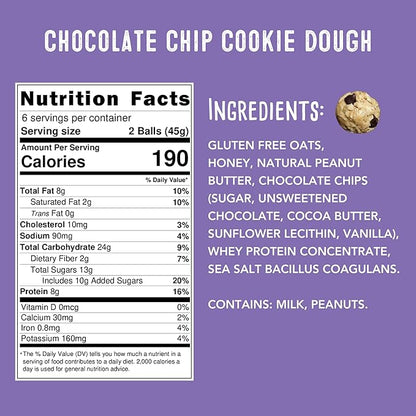 Whole Food Protein Balls with Probiotics - Chocolate Chip Cookie Dough Snacks - 8g Protein Snack - Gluten Free Energy Balls (1 Pack of 12 Balls)