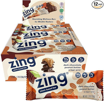 Zing Dark Chocolate Peanut Butter Vegan Protein Bars, Gluten Free with High Protein, High Fiber, Dairy Free Nutrition Bars, Plant Based Protein, Kosher, Low Sugar, No Sugar Alcohols - 12 count