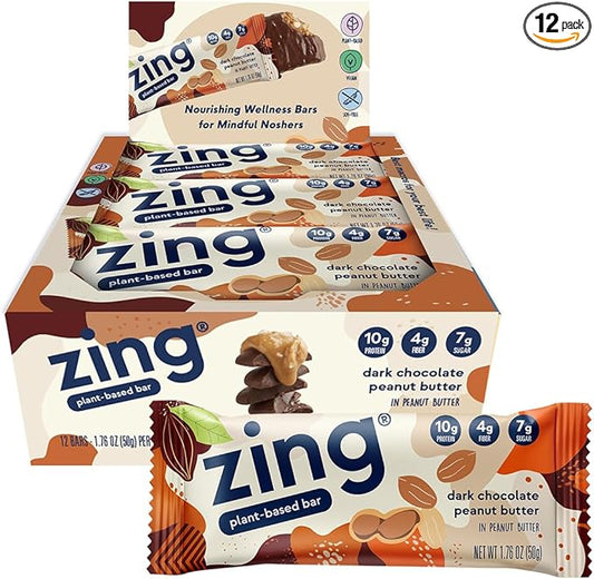 Zing Dark Chocolate Peanut Butter Vegan Protein Bars, Gluten Free with High Protein, High Fiber, Dairy Free Nutrition Bars, Plant Based Protein, Kosher, Low Sugar, No Sugar Alcohols - 12 count