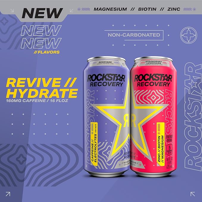 Rockstar Recovery Non-Carbonated Energy Drink, Raspberry Lemonade, 16 fl oz Cans, (12 Pack), Hydration // Mind-Body Energy, 160mg Caffeine, B Vitamins, Electrolytes