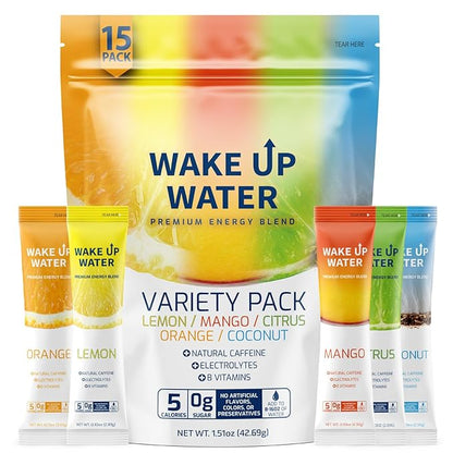 Wake Up Water - Energy + Hydration Sugar Free 15 Packet, Variety Pack - Energy Drink Powder, Electrolytes Powder Drink, Natural Caffeine Mix Packet, B Vitamins, 5 Calories, Gluten Free - .10 oz (2.9g)