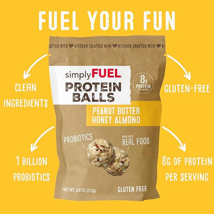 Whole Food Protein Balls with Probiotics - Peanut Butter Honey Almond Snacks - 8g Protein Snack - Gluten Free Energy Balls (1 Pack of 12 Balls)