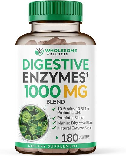 Wholesome Wellness Digestive Enzymes 1000MG Plus 180 Capsules, Bromelain,3-6 Months
