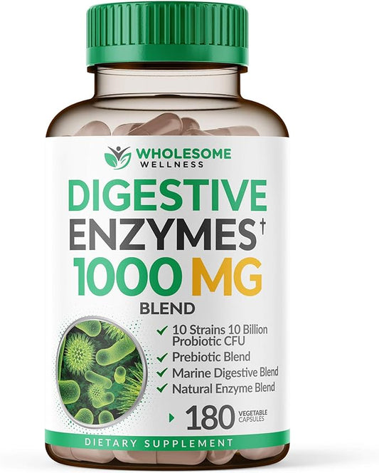 Wholesome Wellness Digestive Enzymes 1000MG Plus 180 Capsules, Bromelain,3-6 Months