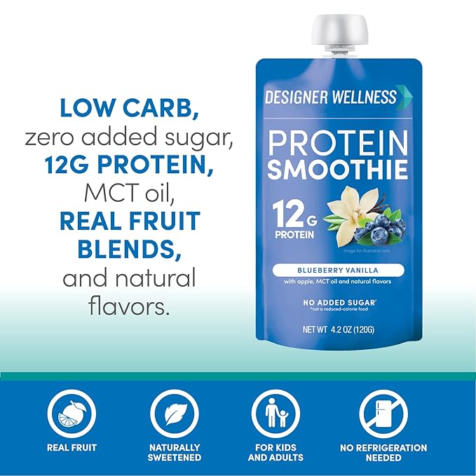 Designer Wellness Protein Smoothie, Real Fruit, 12g Protein, Low Carb, Zero Added Sugar, Gluten-Free, Non-GMO, No Artificial Colors or Flavors, Blueberry Vanilla, 12 Count