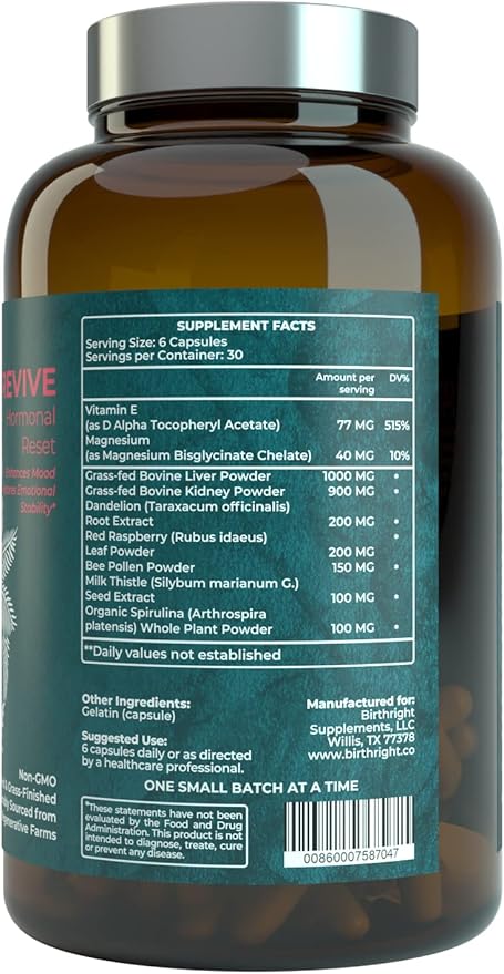 Birthright Female Hormone Support for, Energy, Fertility, Menstrual Cycle, Ovulation, Pregnancy and Menopause… All Natural, Animal Based, Liver, Kidney, Magnesium, Red Raspberry, Herbal Blend Revive