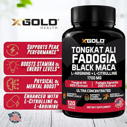 X Gold Health Tongkat Ali, Fadogia Agrestis, Black Maca, L-Arginine & L-Citrulline: Boost Energy, Vitality, Performance, Muscle Recovery & Balance – Premium Wellness Support for Men & Women