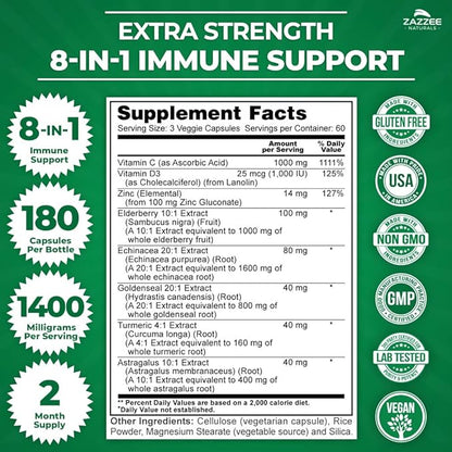 Zazzee Extra Strength 8-in-1 Immune Support, 1400 mg 180 Vegan 1000 mg 1000 IU D3, Zinc,