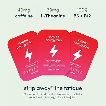 ZENERGY Energy Oral Strips - Mint Flavor | 40mg Caffeine + 30mg L-Theanine + 100% Vitamin B6 & B12 | 0 Sugar, 0 Calories, 0 Gluten, 0 Aspartame, Vegan, Plant-Based, Instant Action | 1 Tin = 30 Strips
