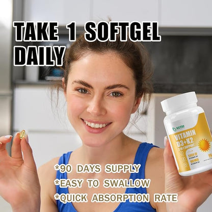 Vitamin D3 K2 Supplement with MCT Oil, Vitamin D3 5000 IU and K2 100 mcg Softgel, Bone and Heart Health Support Supplement, Gluten Free - 90 Count Softgels