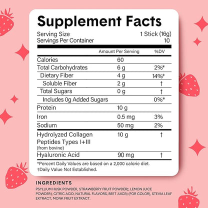 Bellway Super Fiber Packets + Collagen, Sugar-Free Psyllium Husk Powder with Collagen Peptides & Hyaluronic Acid for Gut Health, Healthy Skin, Nails, Bones & Joints, Strawberry Lemonade (10 Packets)