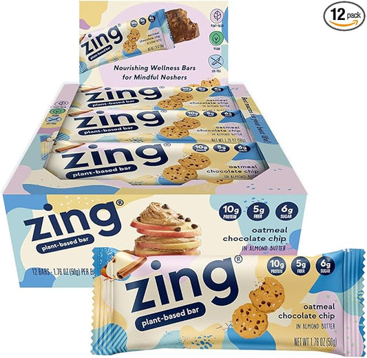 Zing Oatmeal Chocolate Chip Vegan Protein Bars, Gluten Free with High Protein, High Fiber, Dairy Free Nutrition Bars, Plant Based Protein, Kosher, Low Sugar, No Sugar Alcohols - 12 count