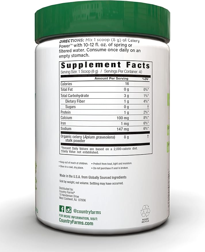 COUNTRY FARMS Super Celery Powder, 100% Celery Powder, Supports Healthy Digestion, Helps Cleanse & Detoxify, Antioxidant Support, 40 Servings, 11.3 Ounce (Pack of 1)