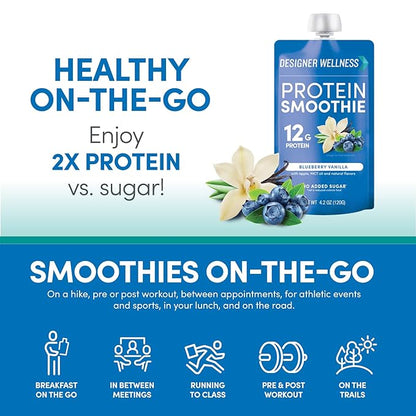 Designer Wellness Protein Smoothie, Real Fruit, 12g Protein, Low Carb, Zero Added Sugar, Gluten-Free, Non-GMO, No Artificial Colors or Flavors, Blueberry Vanilla, 12 Count