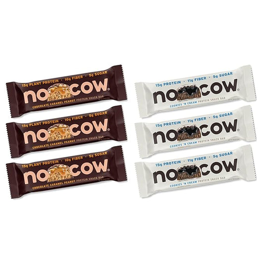 No Cow Vegan Protein Snack Bar Variety Pack, High Protein & 10g Fiber, Low Sugar, Gluten-Free, Dairy-Free, For On-the-Go Nutrition & Post-Workout (Cookies ‘n Cream, Chocolate Caramel Peanut, 6 Count)