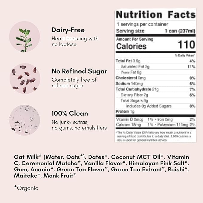 Pop & Bottle, Vanilla and Matcha Oat Milk Lattes - Reishi and Maitake Mushrooms, Green Tea, Cold Brew, Marine Collagen, MCT Oil, Organic, Dairy & Gluten Free, Vegan - 8 Fl Oz, (Pack of 12), 6 Each