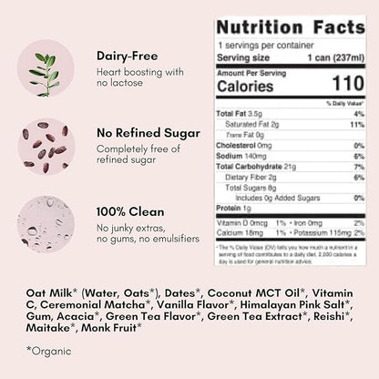 Pop & Bottle, Vanilla and Matcha Oat Milk Lattes - Reishi and Maitake Mushrooms, Green Tea, Cold Brew, Marine Collagen, MCT Oil, Organic, Dairy & Gluten Free, Vegan - 8 Fl Oz, (Pack of 12), 6 Each